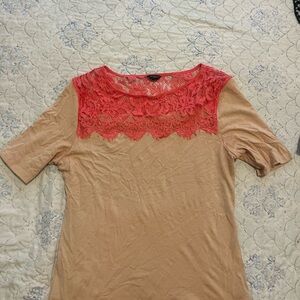 Ann Taylor Tan and Coral Lace Short Sleeve Top